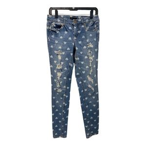 Fire Los Angeles Skinny Jeans 5 Juniors Med Wash Distressed Heart Print Mid Rise